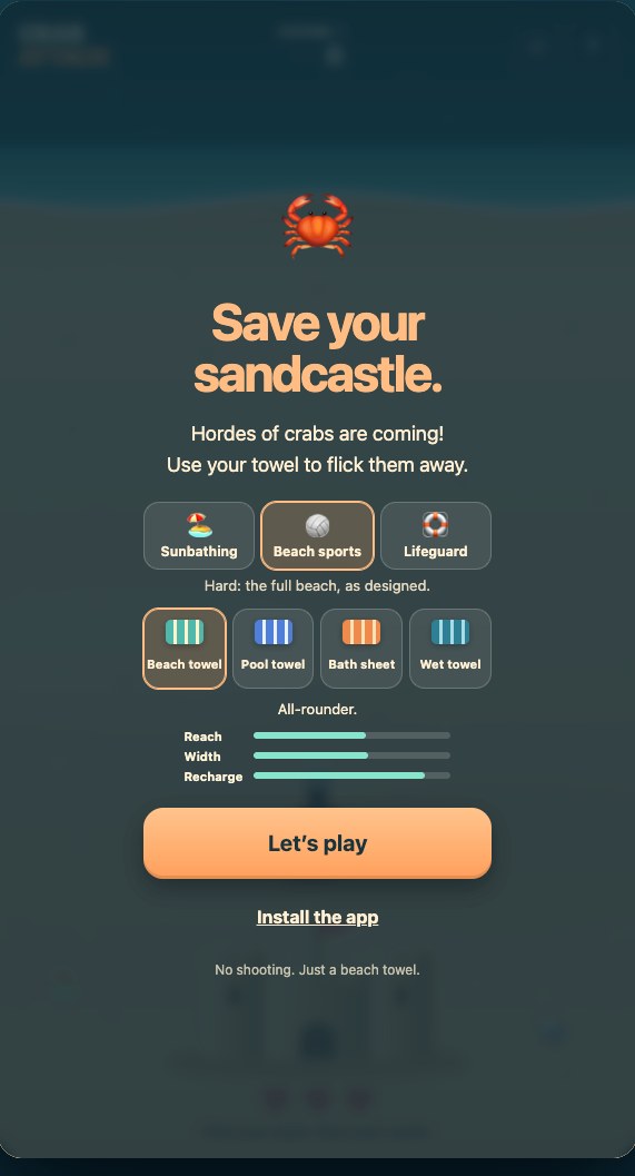 Crab Attack start screen: choose a difficulty and one of four towels